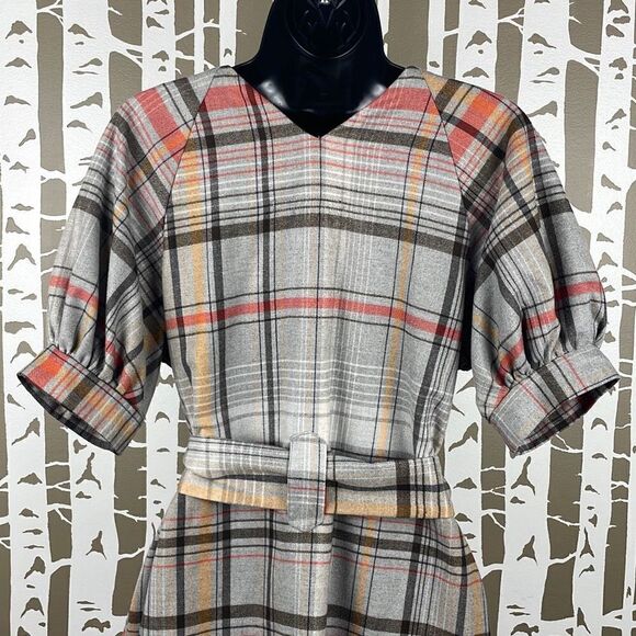 French Connection Plaid Soft Flannel Belted Puff Sleeve Dress 4 - Picture 11 of 12
